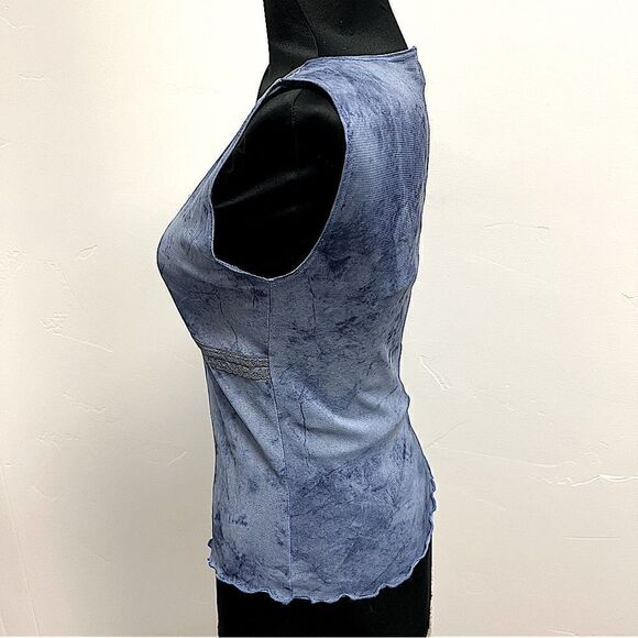 NWOT Vintage y2k stretchy mesh blue space dye top deep v - Picture 3 of 9